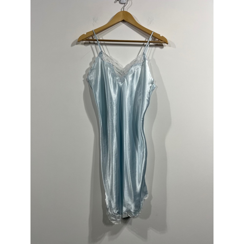 Erika Taylor Vtg Powder Blue Satin Fairy Lace Trim Chemise Small Y2K Feminine